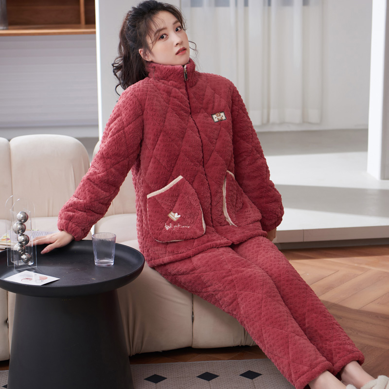 睡衣女冬季珊瑚绒夹棉保暖套装