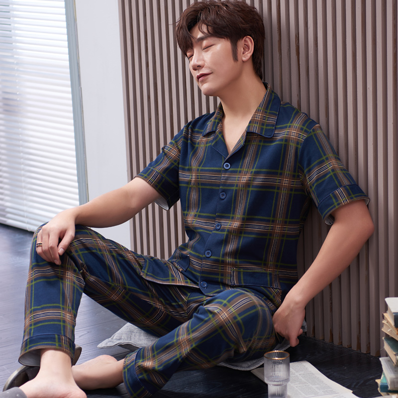 圆人男士睡衣夏季纯棉短袖长裤全棉薄款2025新款春格子家居服套装