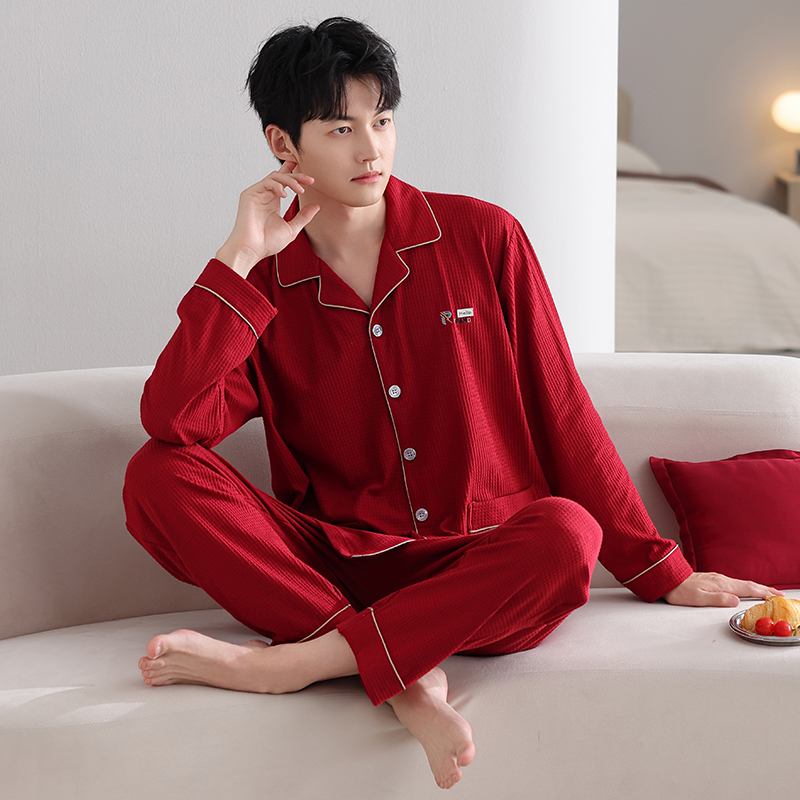 圆人睡衣男款春秋季纯棉长袖套装