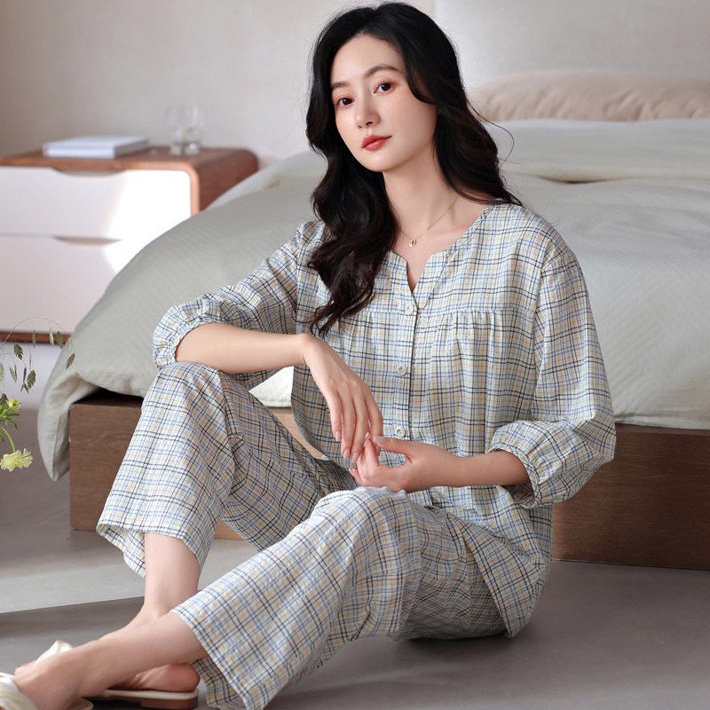 圆人睡衣女夏季七分袖九分裤2026新款夏天梭织纯棉大码家居服套装