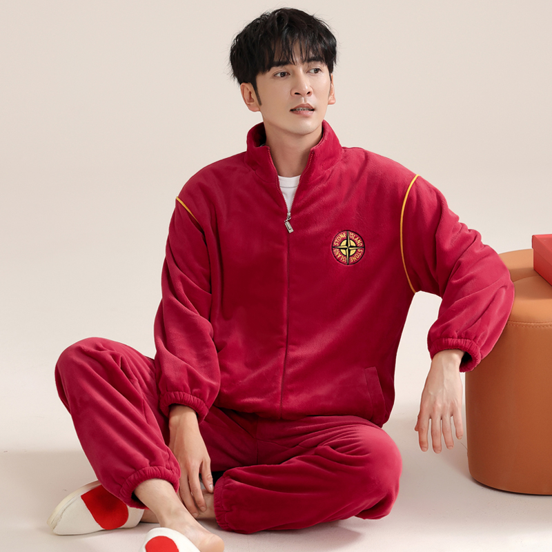 秋冬男士家居服法兰绒本命年套装