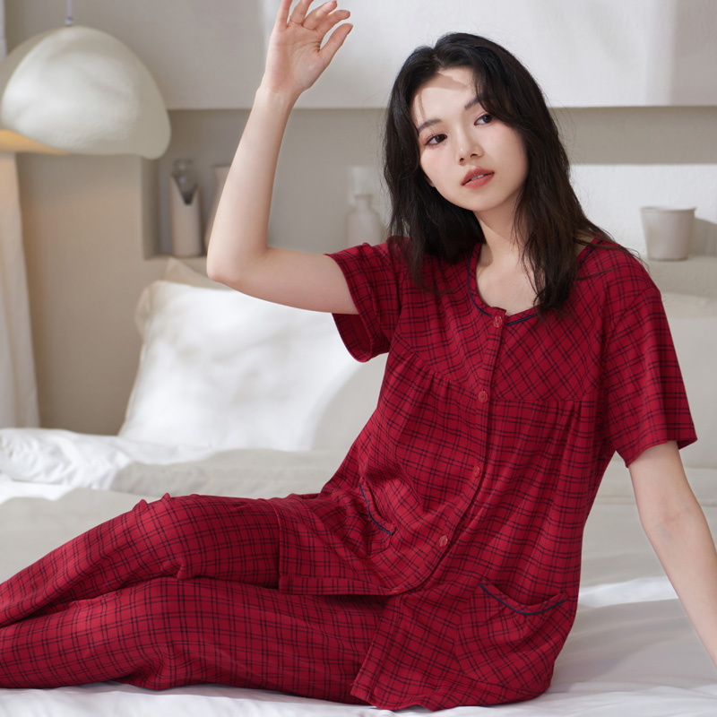 睡衣女夏款纯棉短袖长裤两件套