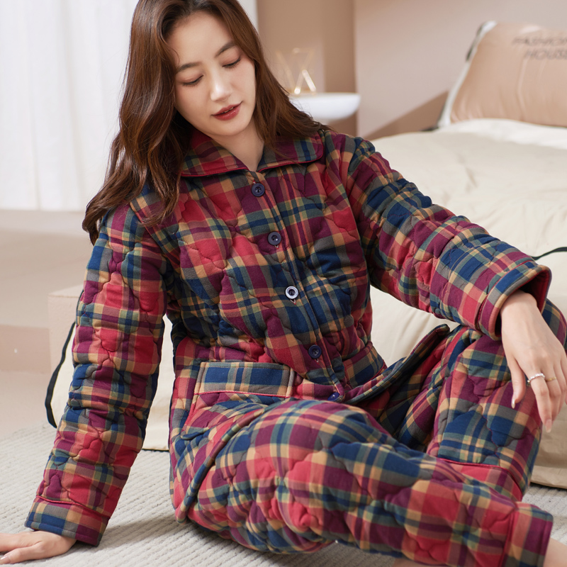 圆人睡衣女秋冬季加厚纯棉夹棉中老年妈妈大码格子开衫家居服套装