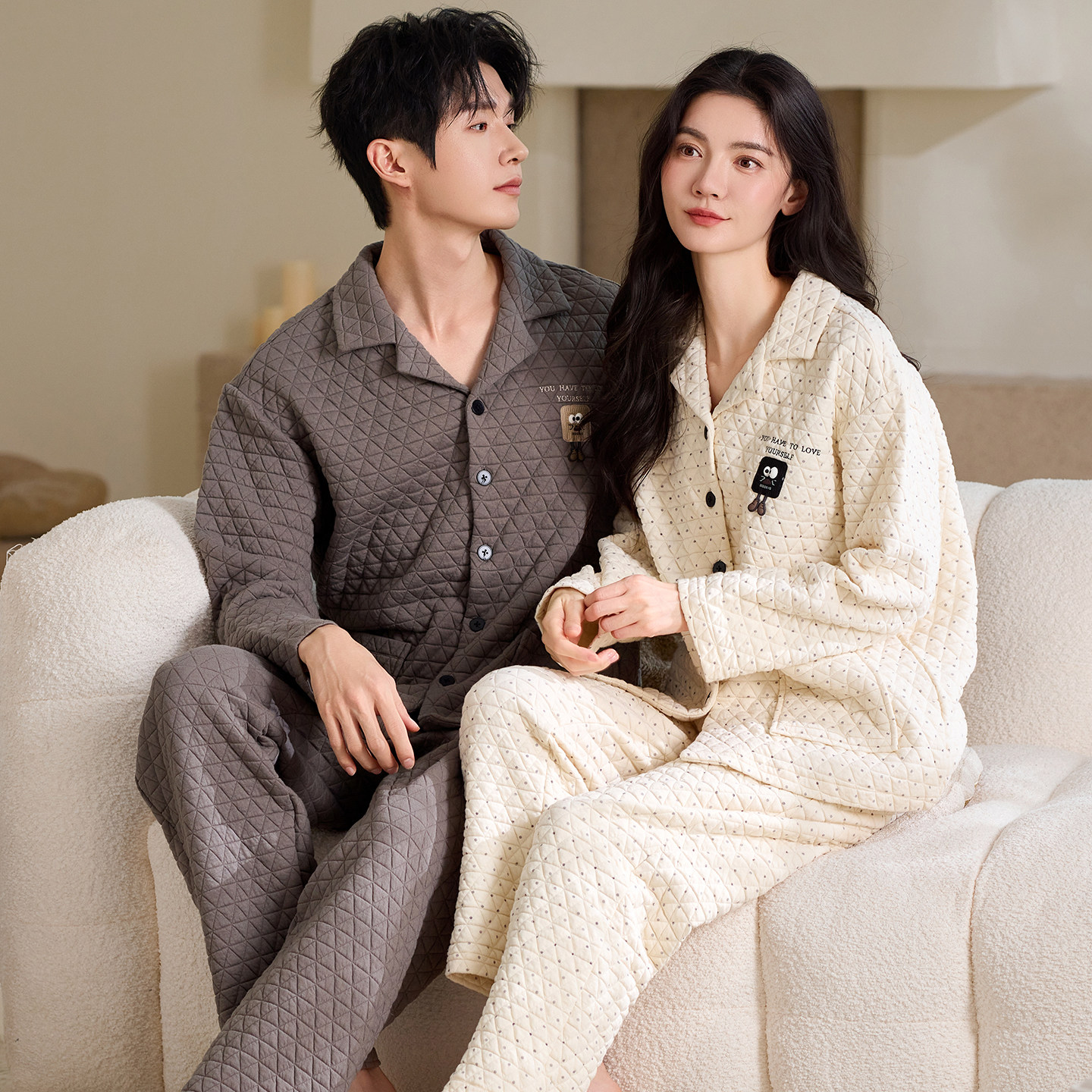 圆人情侣睡衣秋冬套装男女纯棉夹层可爱薄夹棉春可外穿家居服大码