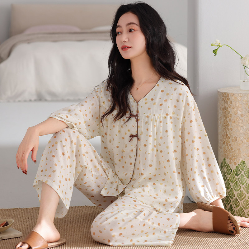 圆人睡衣女七分袖莱赛尔棉九分裤大码亲肤春秋宽松夏天家居服套装
