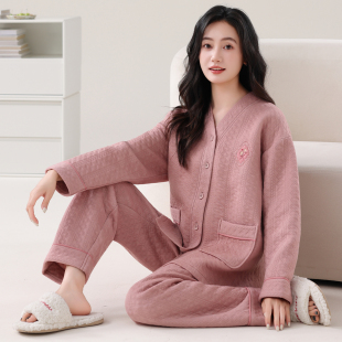圆人空气棉夹层睡衣女士纯棉中老年妈妈开衫V领家居服冬季薄夹棉