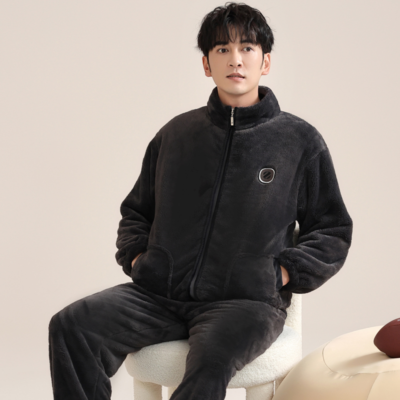 圆人男士家居服法兰绒长袖套装