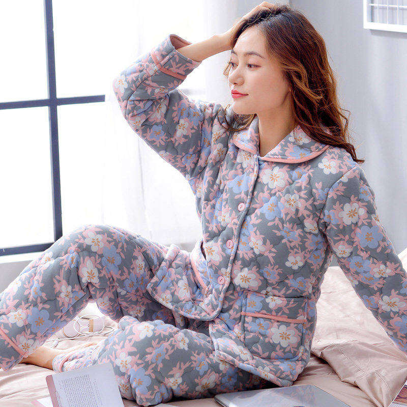 清仓！睡衣女士秋冬款加厚纯棉夹棉加棉中老年妈妈大码家居服套装