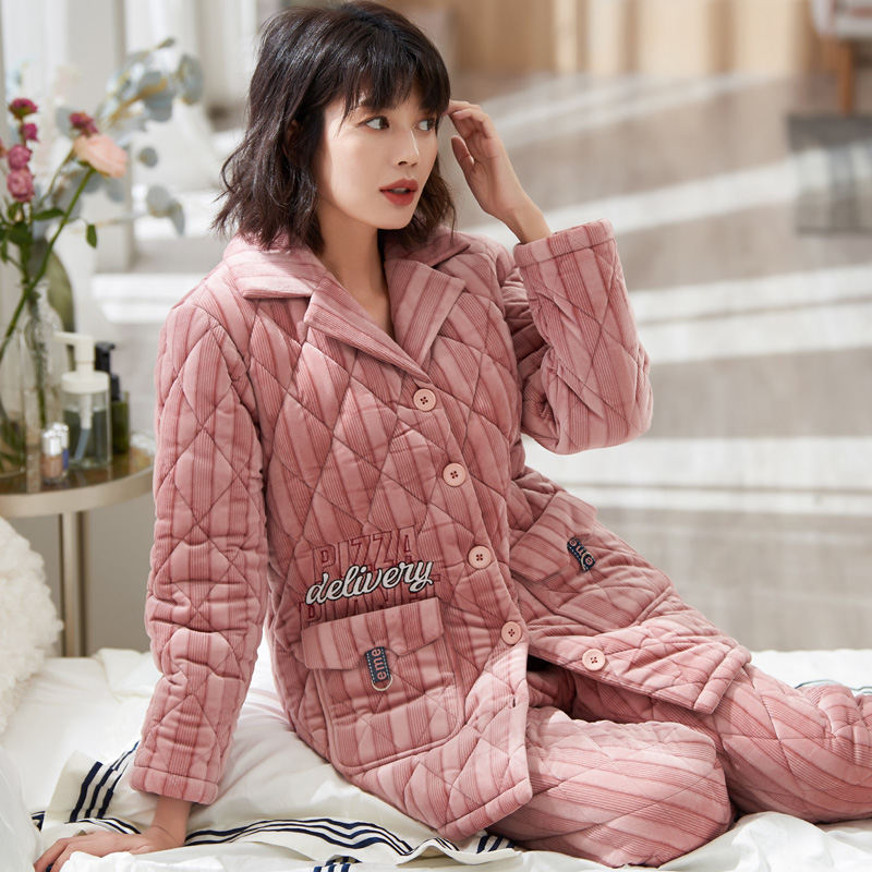 圆人睡衣女冬珊瑚绒加厚夹棉套装