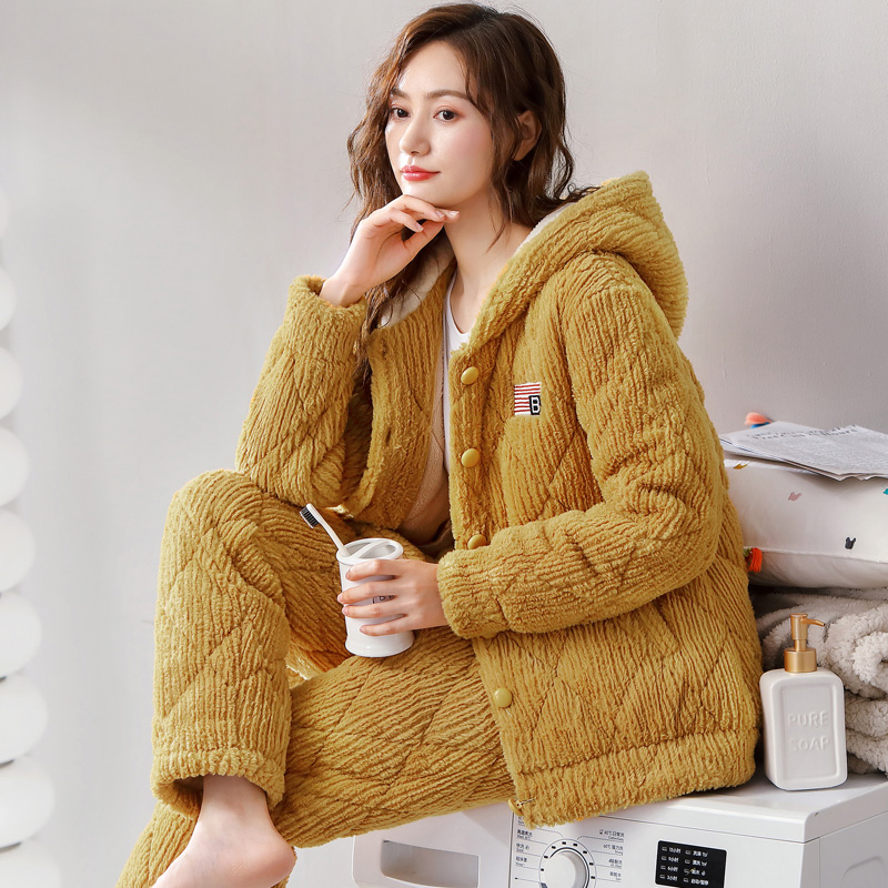 圆人冬季夹棉珊瑚绒带帽子睡衣