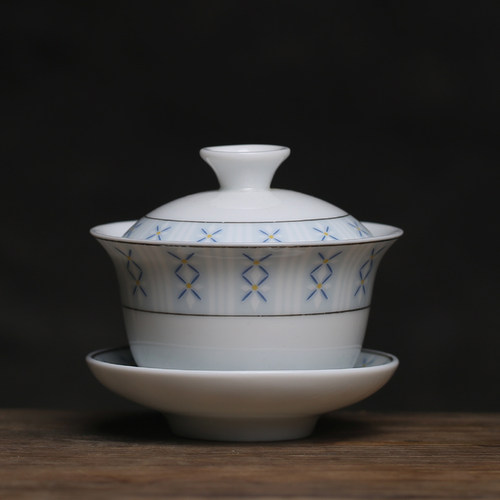 潮汕老式复古麦穗花盖碗三才碗小号三杯高温陶瓷功夫茶具配件三件