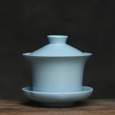 老货治愈天兰暖黄盖碗釉下彩家用