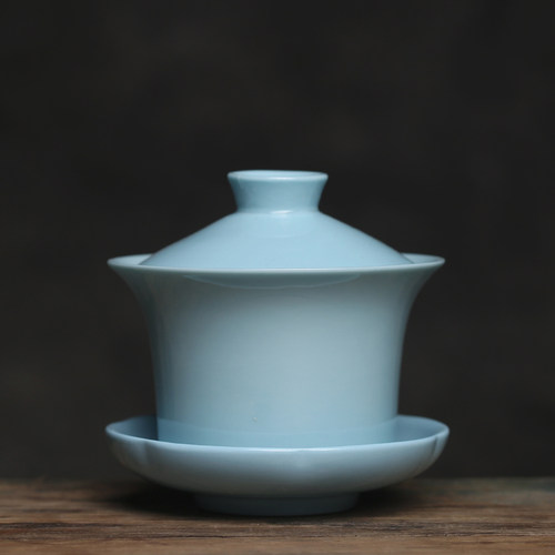 老货治愈天兰暖黄盖碗釉下彩家用