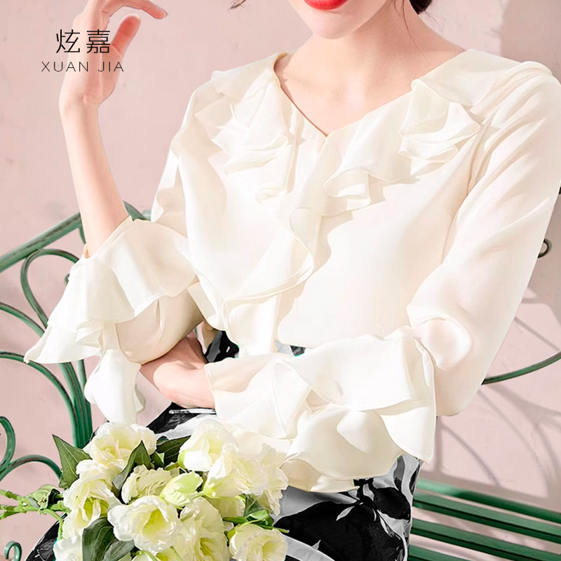 真丝衬衫女2025年春秋新款通勤百搭上衣荷叶边v领法式温柔风衬衣