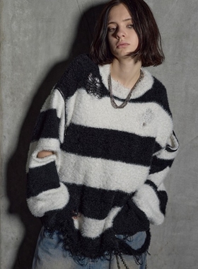 日代 ERAR Zip Arm Border Knit 25AW 原宿拉链两穿宽松条纹毛衣