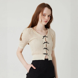 日代 DEICY Mini ribbon cardigan 25SS 蝴蝶结网眼针织短袖开衫