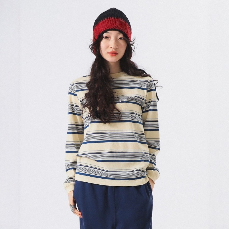 日代 BEAMS BOY Embroidery Border L/S T 25AW 刺绣条纹长袖T恤