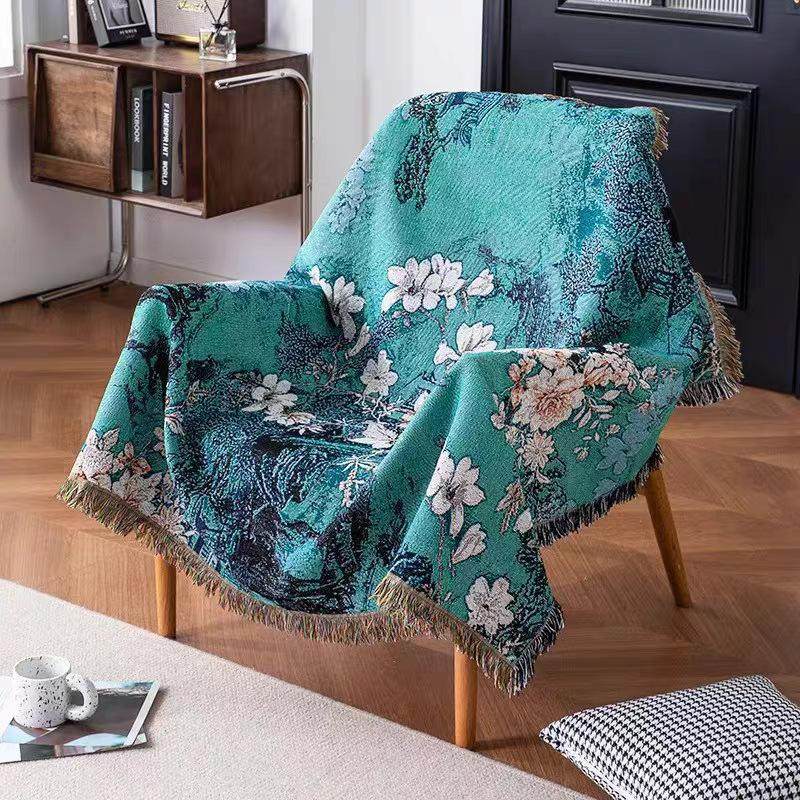 中式花卉装饰挂毯编织沙发毯单人盖毯床头墙面壁毯艺术桌布盖巾