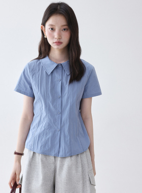 蓝色翻领收腰显瘦短袖衬衫女2026夏季新款韩版通勤ol百搭衬衣上衣