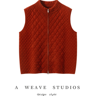 肌理感菱形格山羊绒马甲女立领拉链无袖 针织背心外套保暖背心加厚