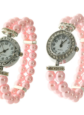 双排仿珍珠弹力绳串珠女士手链表镶钻石英手表ins跨境货源批发