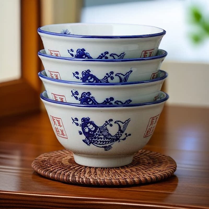 年年有余釉下彩陶瓷4.5寸米饭碗