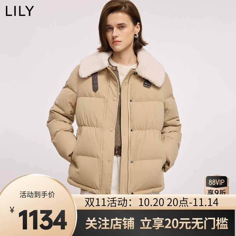 LILY2025冬新款简约毛绒翻领90鸭绒百搭通勤浅色面包羽绒服外套女