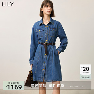 【商场同款】LILY2025春新款女装经典收腰休闲牛仔裙长袖连衣裙女