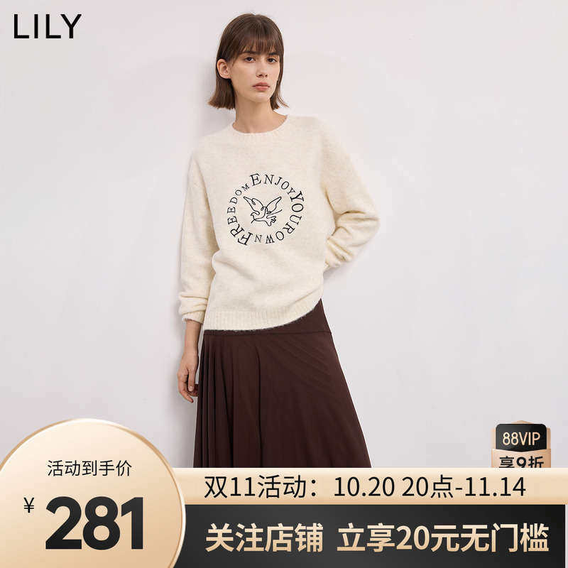 LILY2025冬新款女装艺术感撞色小鸟绣花软糯圆领米白色针织衫毛衣