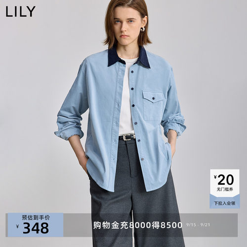 LILY2025冬新款女装工装撞色水洗灯芯绒翻领宽松休闲蓝色衬衫外套