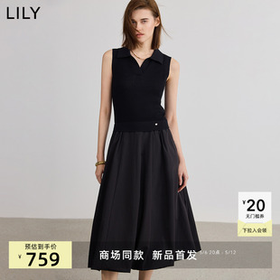 【商场同款】LILY2025夏新款女装POLO领小黑裙无袖气球裙连衣裙