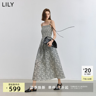 LILY2025夏新款女装全棉气质复古老花一字领收腰吊带裙连衣裙长裙
