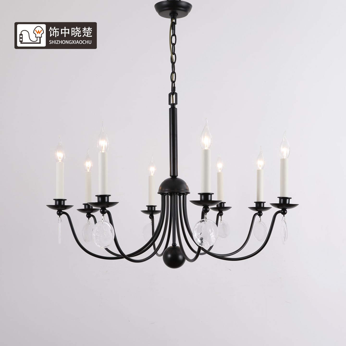 美式客厅吊灯简约复古蜡烛灯个性大气中古法式黑色铁艺书房餐厅灯
