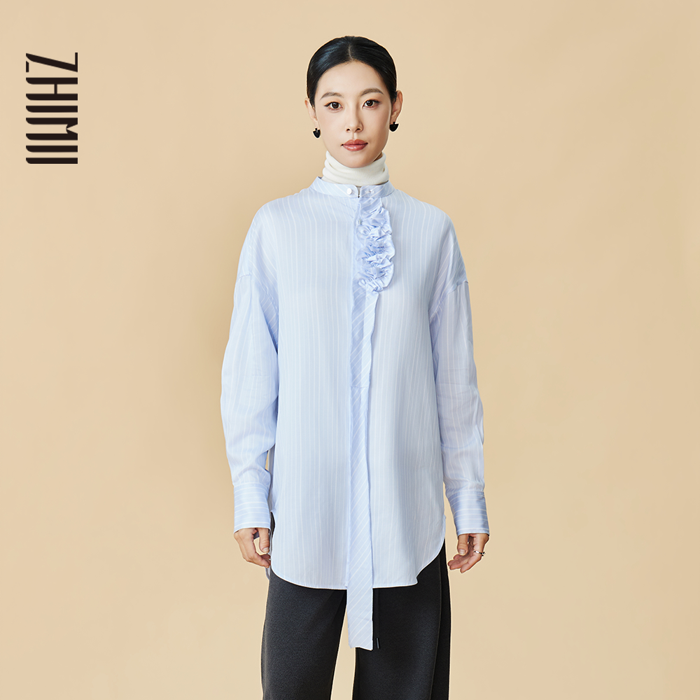 【ZHIMII识弥】26新春新品立体门襟盘花仿丝绸条纹撞色衬衫,女装/女士精品,衬衫,淘宝优惠券,粉丝福利购,淘宝优惠卷