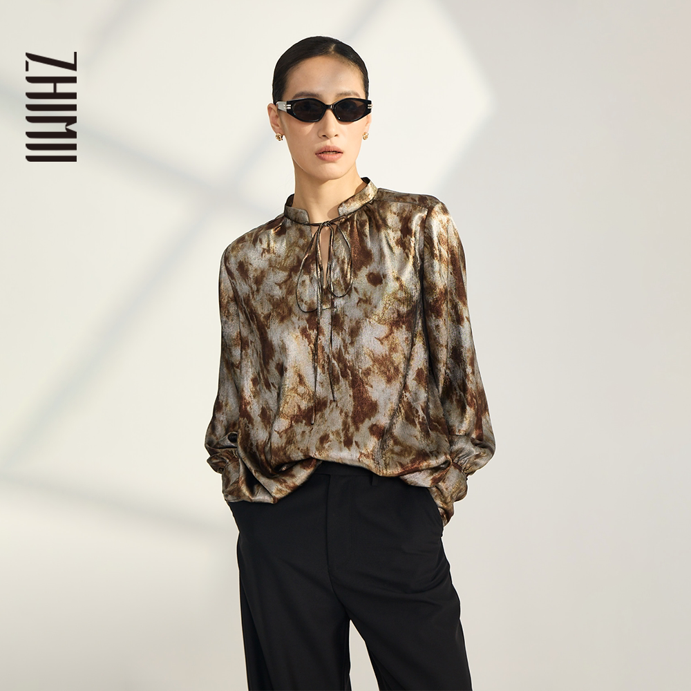 定制面料【ZHIMII识弥】新中式老钱岁月鎏金立领绑带宽松衬衫烫金