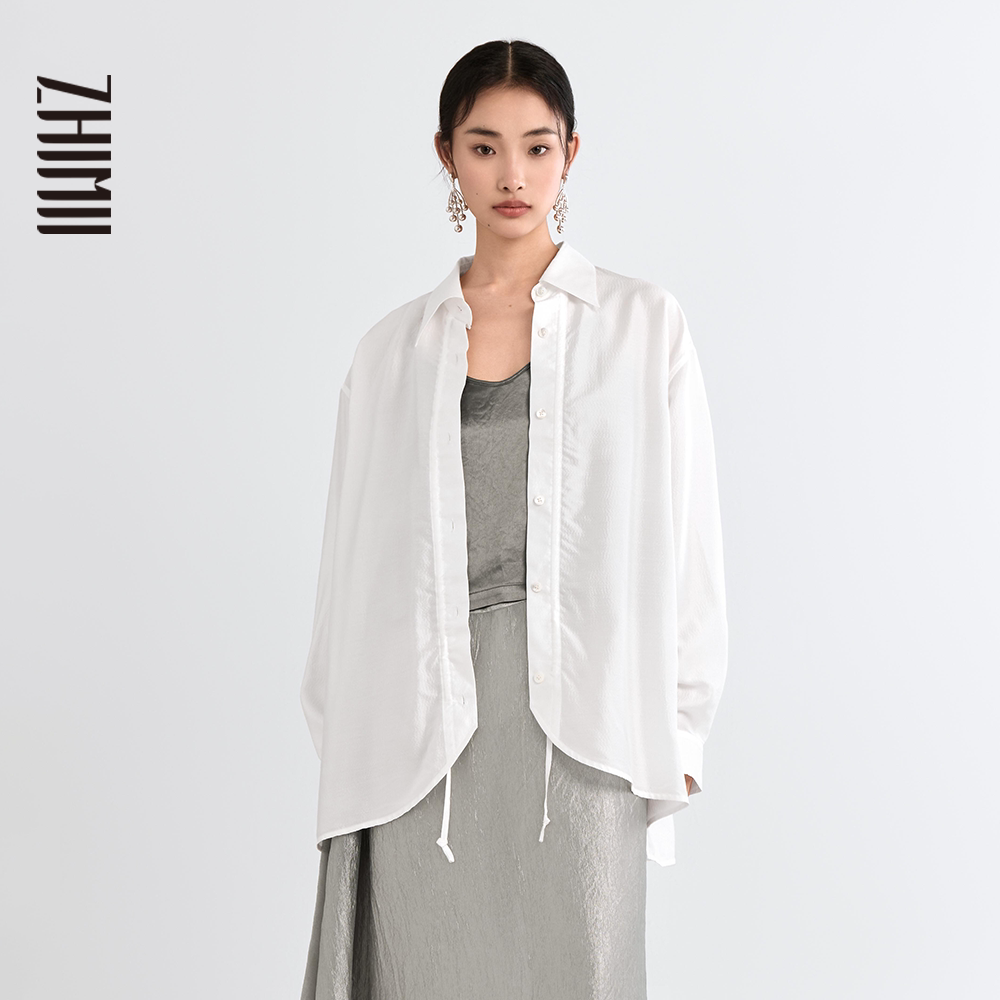 【ZHIMII识弥】25早秋门襟抽褶调节干丝宽松长袖衬衫女衬衣白