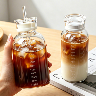 日本品牌高硼硅玻璃咖啡杯大容量便携吸管杯果汁奶茶杯带刻度水杯