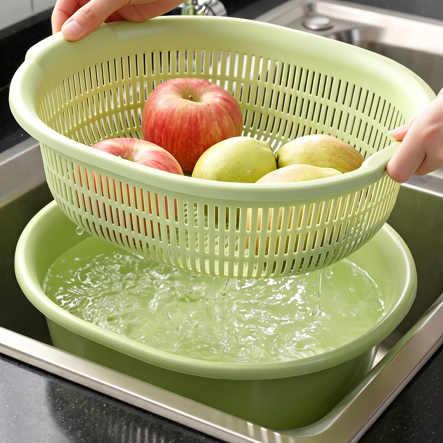 日本进口厨房双层塑料沥水篮洗菜盆碗碟水果蔬菜篮淘米沥水菜篮