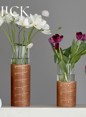 click夏克盒木皮玻璃直筒花瓶摆件新中式高款家用商用装饰复古