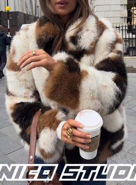 欧美ins博主辣妹上身毛茸茸人造皮草仿皮草翻领拉链短款外套上衣