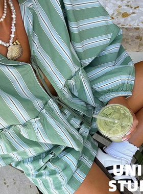 欧美ins博主上身辣妹Y2K绿色条纹系带长袖上衣+宽松短裤 两件套装