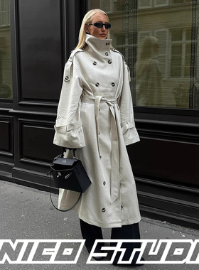 欧美ins博主上身气质OL高级感白灰色双排扣腰带长款风衣外套大衣