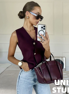 欧美ins博主辣妹上身V领系扣修身显瘦短款针织背心吊带马甲