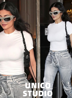 5色入！卡戴珊上身欧美博主詹娜同款显瘦纯色圆领短款短袖T恤