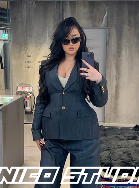欧美ins博主上身收腰显瘦牛仔西服上衣+抹胸+宽松牛仔长裤 套装