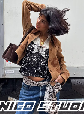 欧美ins博主辣妹BM风蕾丝拼接波点系带V领修身短款露脐短袖T恤