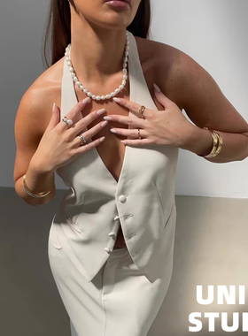 欧美ins博主辣妹上身V领挂脖系带修身短款显瘦无袖背心上衣