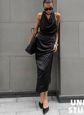 欧美ins博主上身高级感黑色飘带挂脖缎面修身包臀连衣裙长裙