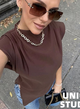 欧美ins博主上身 褶皱垫肩飞飞袖个性显瘦无袖背心上衣女