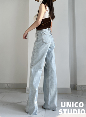 高妹福音！上身大长腿!欧美ins博主高腰直筒阔腿宽松拖地牛仔长裤